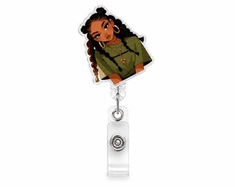 Black Girl Acrylic Badge Reel Holder, Retractable ID Clip for Nurses, Teachers