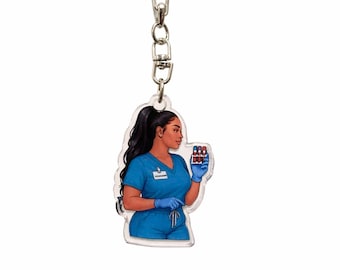 Black Nurse Acrylic Keychain, Phlebotomist Charm, Medical Illustration, Healthcare Worker Accessory