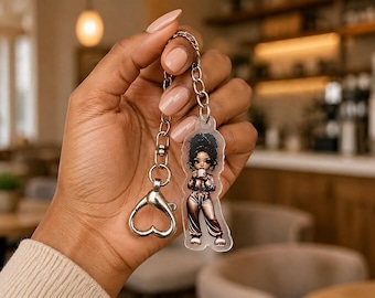 Black Woman Coffee Acrylic Keychain with Silver Heart Clasp