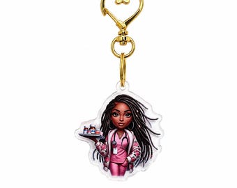 Melanin Nurse Acrylic Keychain, RN CNA Badge Charm, Healthcare Worker Gift