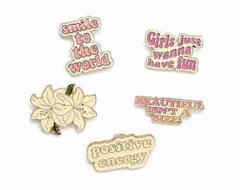 Set of 5 Motivational Enamel Pins, Floral, Positive Quotes Bundle
