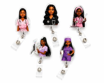 Black Nurse Badge Reel, Pink Scrubs ID Holder, Retractable Acrylic Clip