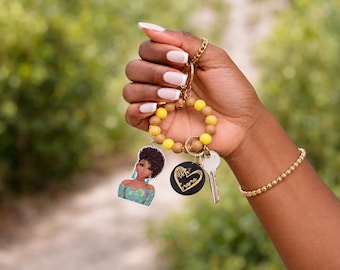Mama Black Girl Wristlet Keychain: Beaded Bracelet Bag Charm, Afro Girl Gift