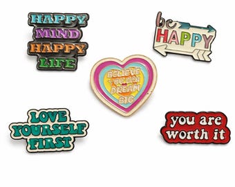 Motivational Enamel Pin Set: Positive Affirmation, Self-Love, Mental Health Accessories