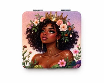 Black Woman Floral Crown Compact Mirror, Double Sided Folding Purse Beauty Mirror
