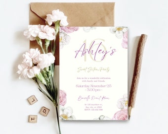 Elegant Birthday Invitation, Sweet 16 Invitation, Luxury Birthday Invitation, Pink Invitation with Flowers, Party Invite, Special Occasion