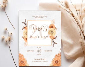 Floral Birthday Invitation: Elegant Orange & White Design (Digital Product)