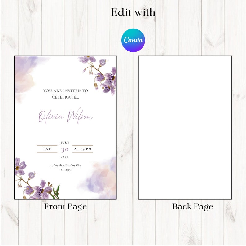 May include: Purple floral invitation with a watercolor background. The text reads "You are invited to celebrate... Olivia Wilson" with the date and time of the event. The back of the invitation is blank.