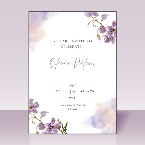 Purple Floral Birthday Invitation: Elegant DIY Template (Digital)