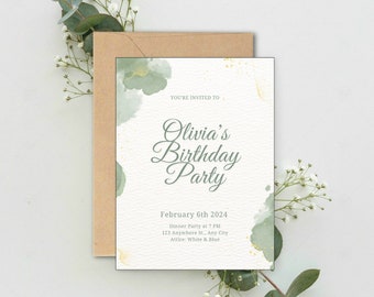 Elegant Green & Gold Calligraphy Birthday Party Invitation (Digital Invite)
