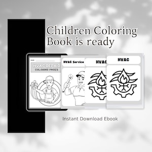 May include: Black and white coloring book pages featuring an HVAC technician, a wrench, and a gear with a flame and snowflake inside. The title of the book is "HVAC Repair Coloring Pages". The text "Instant Download Ebook" is below the images.