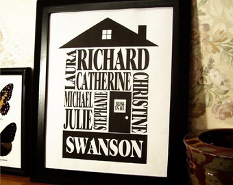 Custom Family Gift Print - The Family Name House. A Fun Personalized Keepsake & The Perfect All Purpose Gift, with FREE SHIPPING!