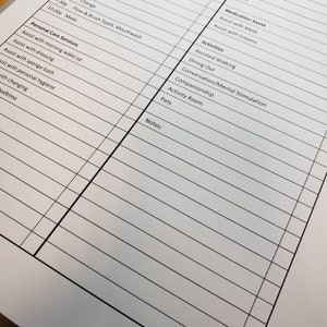 May include: A blank checklist form with headings for personal care services, medication assist, and activities. The form includes sections for morning wake up, dressing, sponge bath, personal hygiene, changing, bedtime, meds, creams, assisted walking, dining out, conversation, companionship, activity room, and pets. There is also a notes section at the bottom of the form.