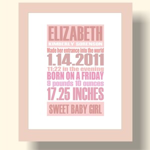 Custom Birth Announcement Gift Print, 8x10 Baby Pink Gentle Pastel image 2