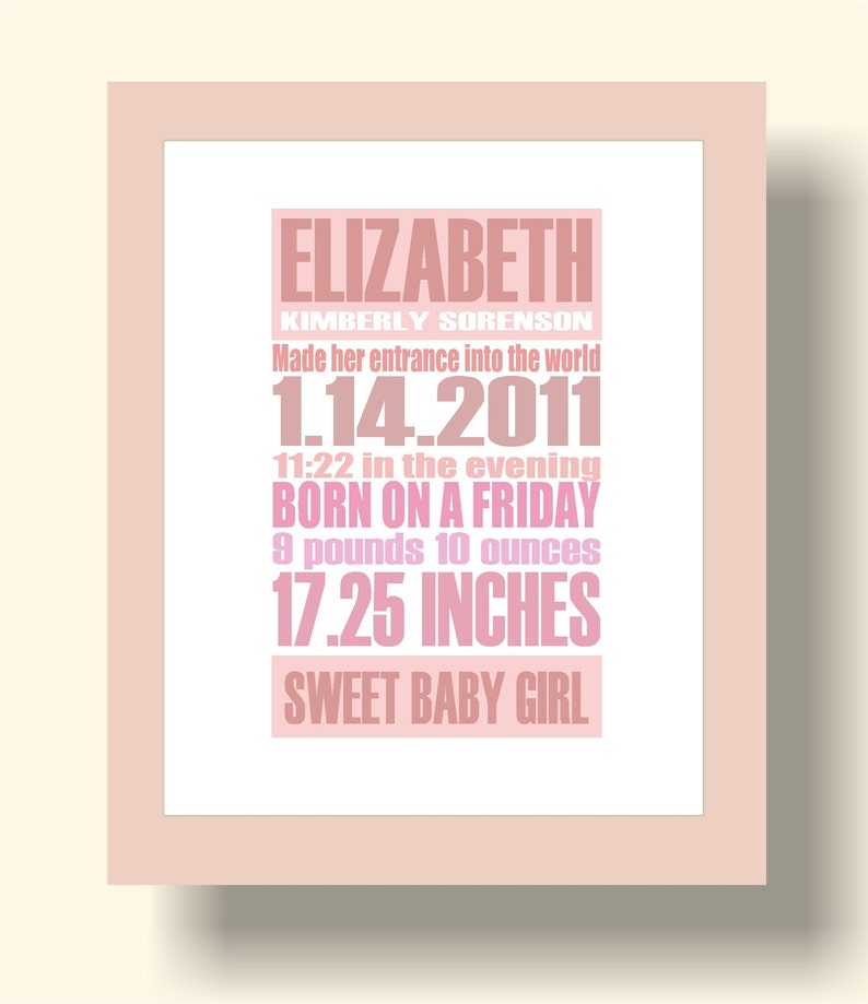 Custom Birth Announcement Gift Print, 8x10 Baby Pink Gentle Pastel image 2