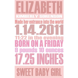 Custom Birth Announcement Gift Print, 8x10 Baby Pink Gentle Pastel image 1