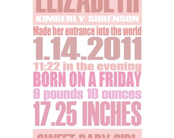 Custom Birth Announcement Gift Print, 8x10 Baby Pink Gentle Pastel