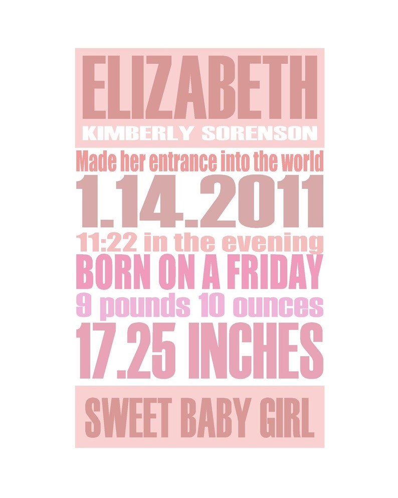 Custom Birth Announcement Gift Print, 8x10 Baby Pink Gentle Pastel image 1