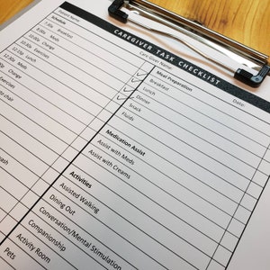 May include: A caregiver task checklist with checkboxes for meal preparation, medication assistance, and activities. The checklist includes tasks such as breakfast, lunch, dinner, snack, fluids, assist with meds, assist with creams, assisted walking, dining out, conversation/mental stimulation, companionship, activity room, and pets.