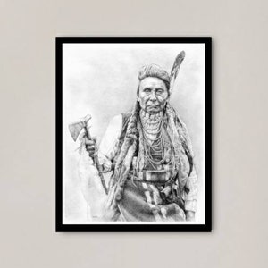 Häuptling Joseph - Native American Indian, Sofort Download, Kunst Digitaldruck, druckbare Wanddekoration, alter Westen, Bleistift, Portraitzeichnung, Geschenk!