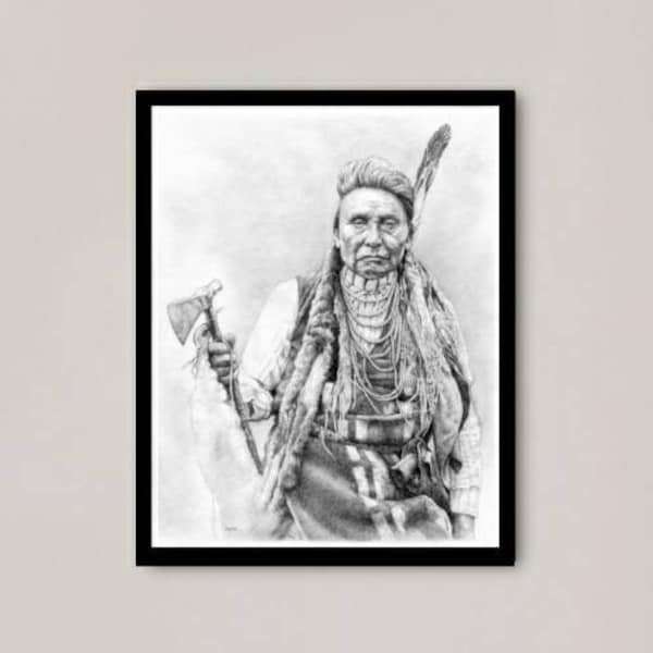 Chief Joseph - Native American Indian, Instant Download, Digital Art Print, Printable Wall Decor, Old West, Pencil, Portrait Drawing, Gift!