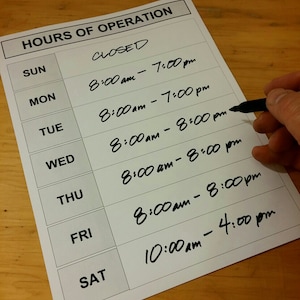 Weekly Hours Sign, DIY Printable, Blank Store Door Schedule Template, Generic or with date, A simple store hours sign to inform customers!