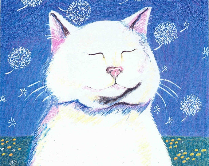 Dandelion Breeze white cat greeting card