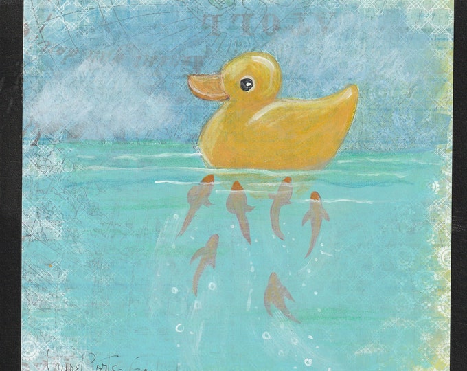 Original painting Rubber Ducky and The Curious Fish children's room art