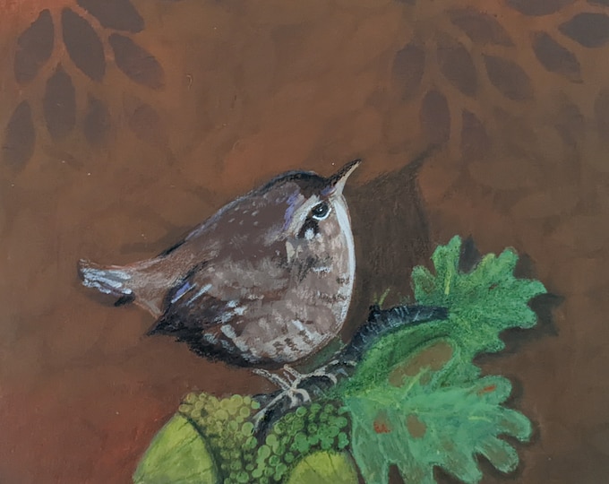 Wren with green acorns greeting card