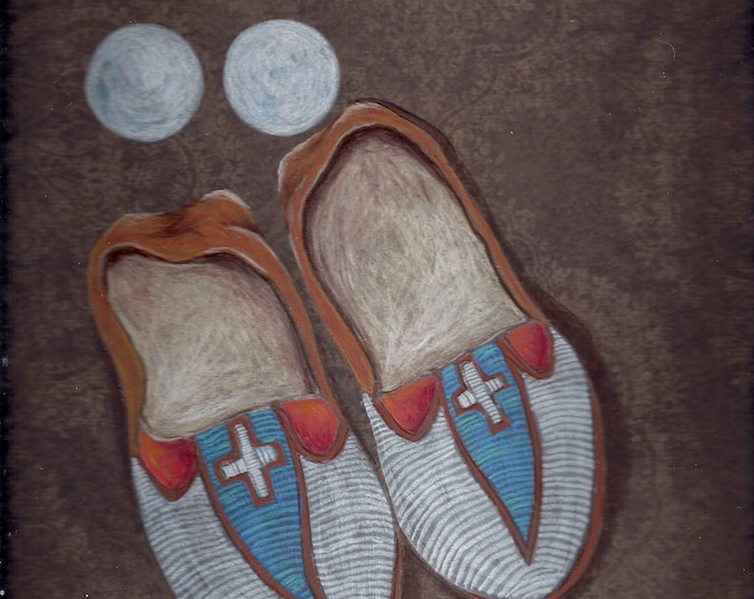 Two Moons original mixed media painting native American moccasins