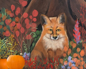 baby Fox autumn scene Thanksgiving card blank