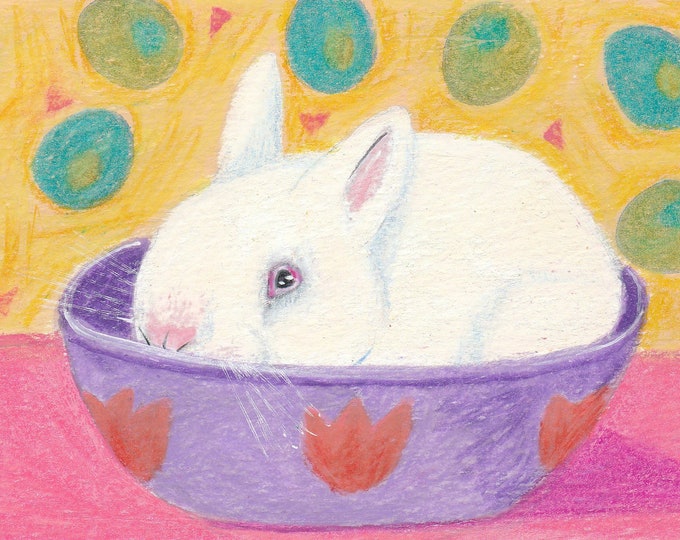 Bunny In A Bowl blank greeting card Easter Spring