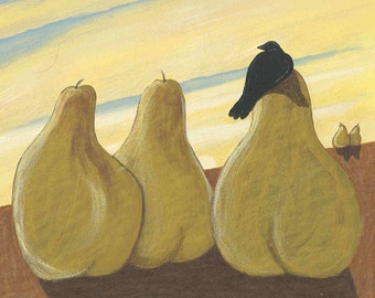 Giant pears and raven greeting card