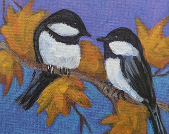 Chit Chat chickadees in Autumn blank greeting card