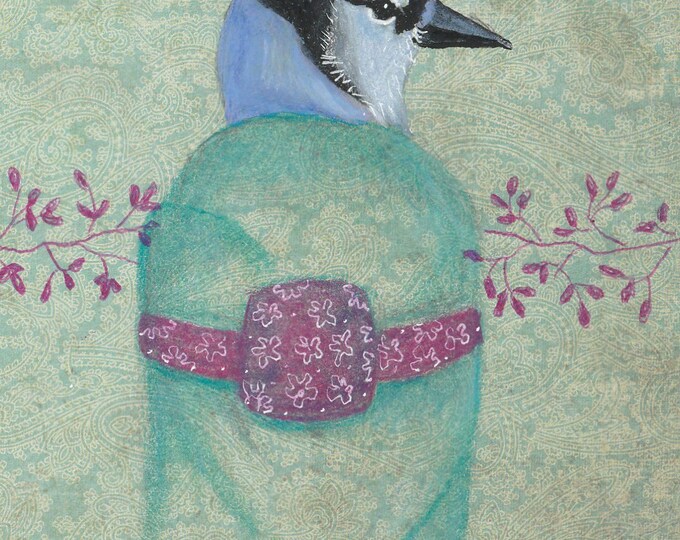 Birds in Kimonos series Bluejay blank card.