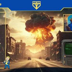 May include: A retro-style computer screen with green text, a Fallout Pip-Boy, and a cartoon character in a blue jumpsuit standing in a post-apocalyptic city with a mushroom cloud in the background.