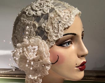 Ivory Beaded Lace Wedding Cloche
