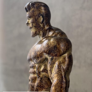 May include: A bronze-coloured sculpture of a muscular male figure, with detailed definition of the physique. The sculpture has a classic, heroic aesthetic. A QR code is visible on the lower portion of the sculpture.