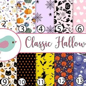 May include: A collage of 14 different Halloween themed digital paper patterns. The patterns include pumpkins, bats, ghosts, spiders, and other Halloween symbols. The patterns are in a variety of colors, including black, orange, purple, and green.