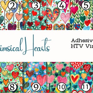 Whimsical Hearts Bright Bold Colors Colors Print Adhesive Vinyl Heat Transfer Craft Vinyl Pattern Vinyl - Vinyl Sheets
