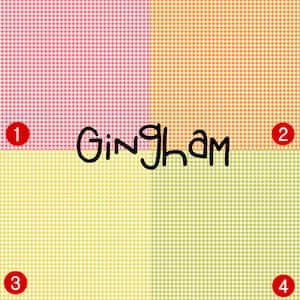 May include: Four squares of gingham fabric in different colors: pink, orange, yellow, and green. The squares are labeled with numbers 1 through 4.