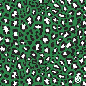 May include: A seamless pattern of black and white leopard spots on a green background.