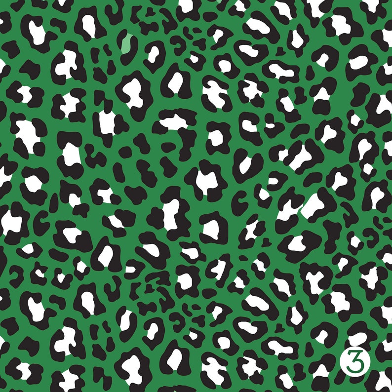 May include: A seamless pattern of black and white leopard spots on a green background.