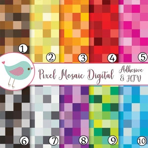 May include: Ten digital pixel mosaic patterns in various colors, including brown, yellow, orange, red, pink, gray, purple, green, and blue. The patterns are labeled with numbers 1 through 10. The text "Pixel Mosaic Digital & Adhesive & HTV" is displayed below the patterns.