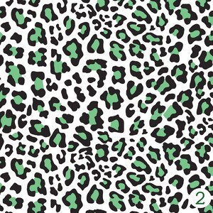 May include: Seamless pattern featuring a black and green leopard print design. The background is white.