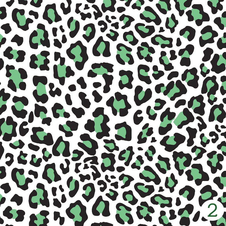 May include: Seamless pattern featuring a black and green leopard print design. The background is white.