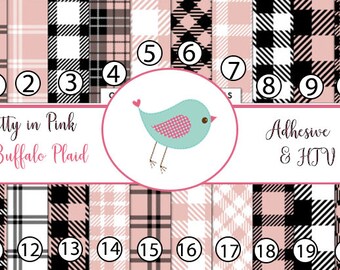 Pretty in Pink Buffalo Plaid Gingham Plaid Black White  Print Adhesive Vinyl Heat Transfer Craft Pattern Vinyl - Vinyl Sheets