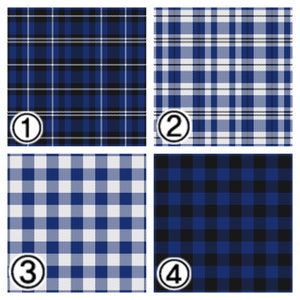 May include: Four different plaid patterns in blue, black, and white. The patterns are numbered 1 through 4.