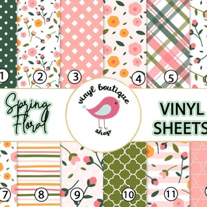 Spring Floral Flowers Pink Green Garden Vinyl Sheets Print Adhesive Vinyl Heat Transfer Craft Vinyl Pattern Vinyl - Vinyl Sheets HTV Tshirt