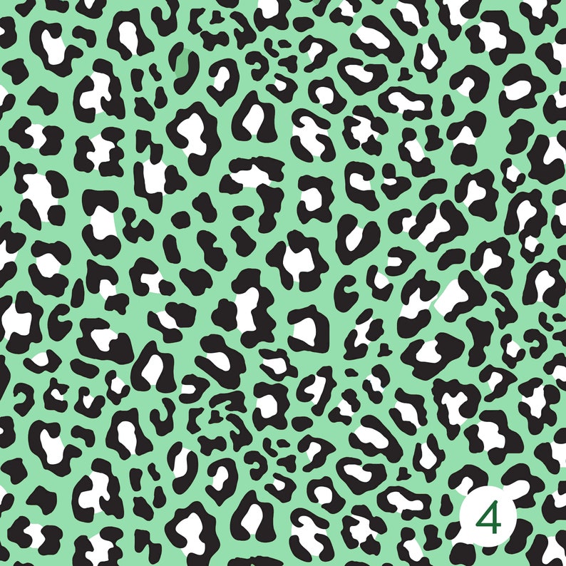 May include: A seamless pattern featuring a black and white leopard print on a light green background.